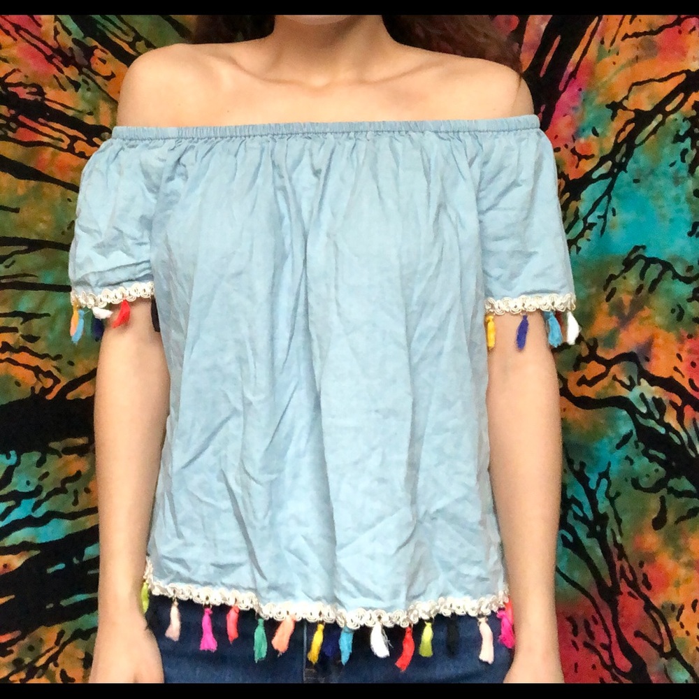 never worn off the shoulder jean shirt